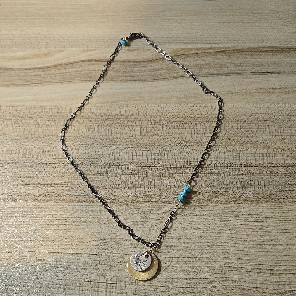 Vintage Swallow Bird Pendant Silver and Gold With Turquoise Bead Necklace